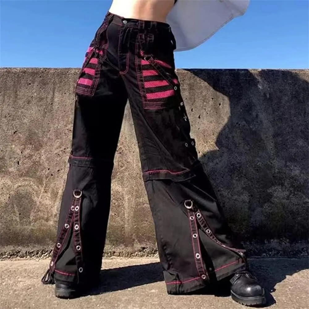 Women Y2k Pants Goth Punk Emo Baggy Bell Bottom Jeans Y2k Wide Leg Harajuku Grunge Pants Hip Hop Clothes