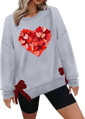 Womens 2025 Heart Printed Sweatshirt Side Bow Applique Trendy Blouses Holiday Outdoor Sports Casual Top