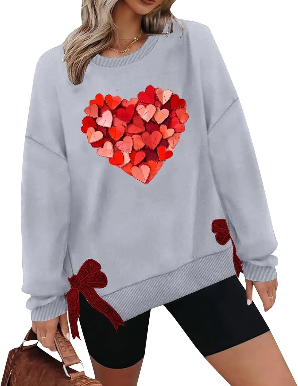 Womens 2025 Heart Printed Sweatshirt Side Bow Applique Trendy Blouses Holiday Outdoor Sports Casual Top