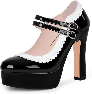 Women's Ankle Strap Plafrom Mary Janes Pumps Block High Heels Double Buckle Patent Leather Dress Shoes (Black, 9)