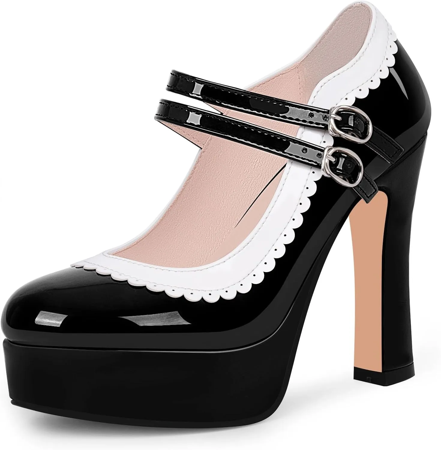Women's Ankle Strap Plafrom Mary Janes Pumps Block High Heels Double Buckle Patent Leather Dress Shoes (Black, 9)