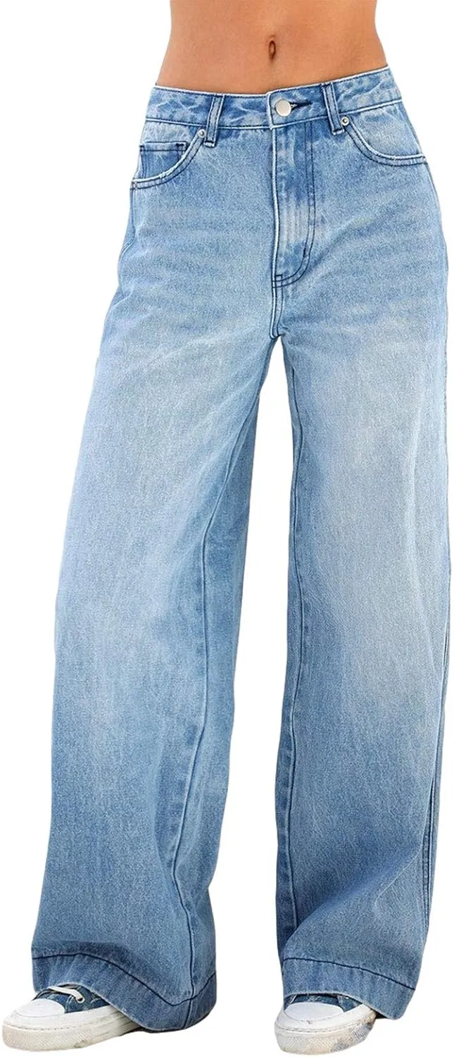 Women's Baggy Denim Pants High Waisted Y2K Wide Leg Oversized Plus Size Boyfriend Cargo Jeans Streetwear Trousers
