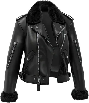 Women’s Black Genuine Sheepskin Shearling Faux Fur Winter Wear Aviator Leather Jacket ideal christmas gift for ladies