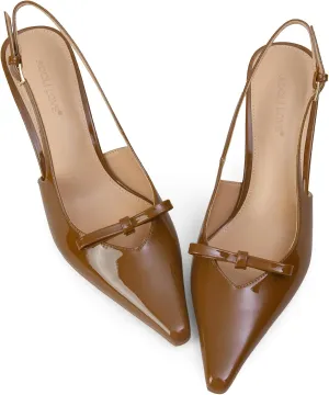 Women's Bow Pumps 2.8 in Kitten Heels Closed Pointed Toe V-Cut Slingback Faux Patent Leather