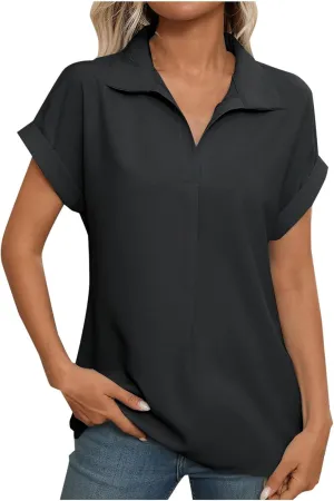 Womens Business Casual Blouses Summer Fashion Roll Up Short Sleeve Lapel Tees Tops Loose Fit Elegant Trendy Blouses