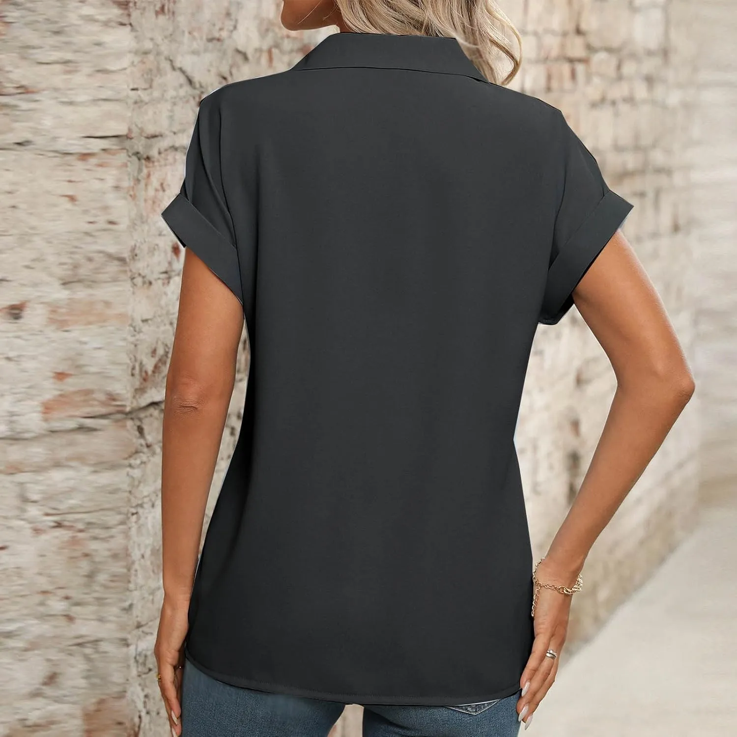 Womens Business Casual Blouses Summer Fashion Roll Up Short Sleeve Lapel Tees Tops Loose Fit Elegant Trendy Blouses