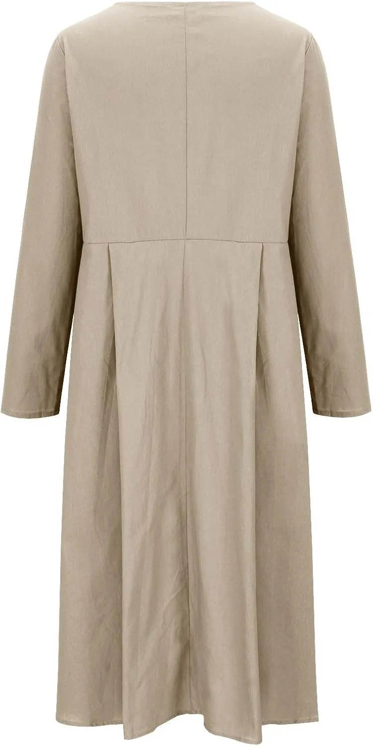 Women's Cotton Linen Dress Fall Button Down V-Neck Elegant Dress with Pocket Long Sleeve Outdoor Cardigan Maxi Dress