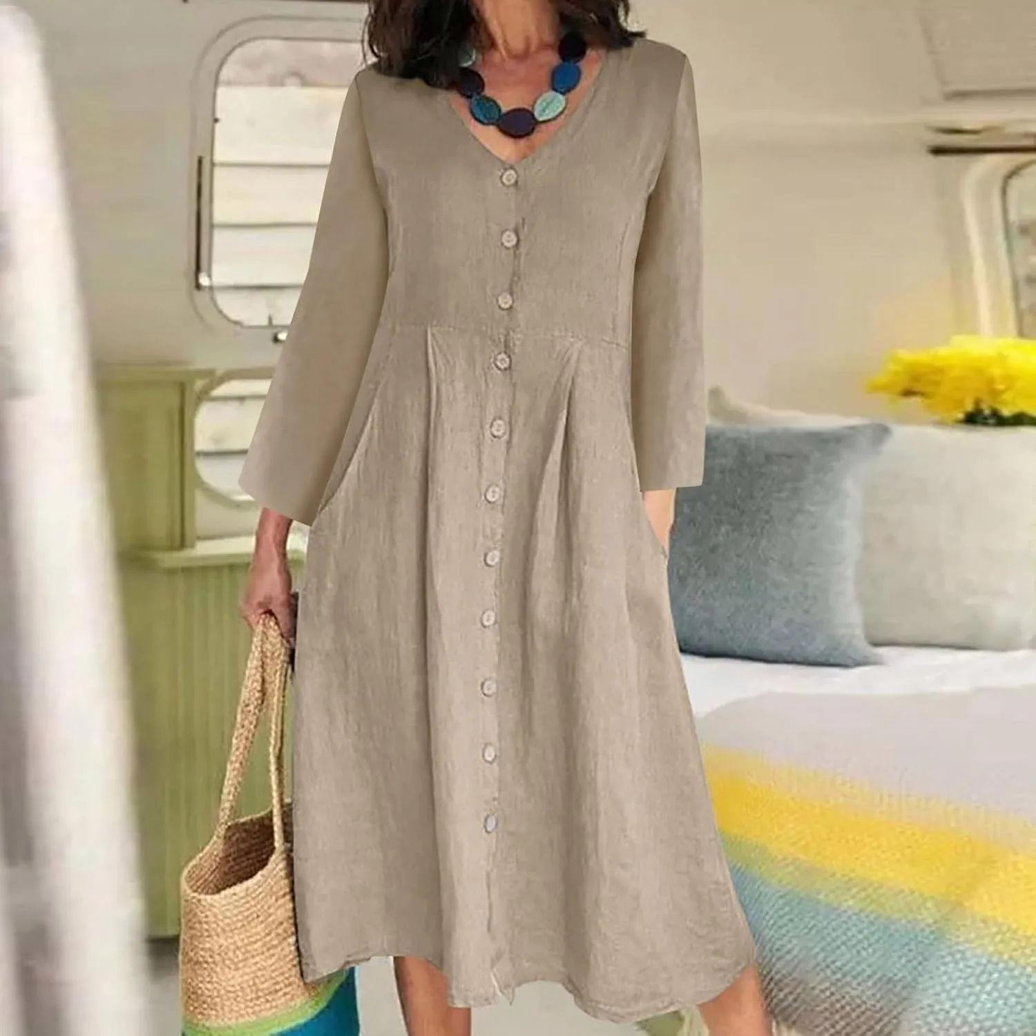 Women's Cotton Linen Dress Fall Button Down V-Neck Elegant Dress with Pocket Long Sleeve Outdoor Cardigan Maxi Dress