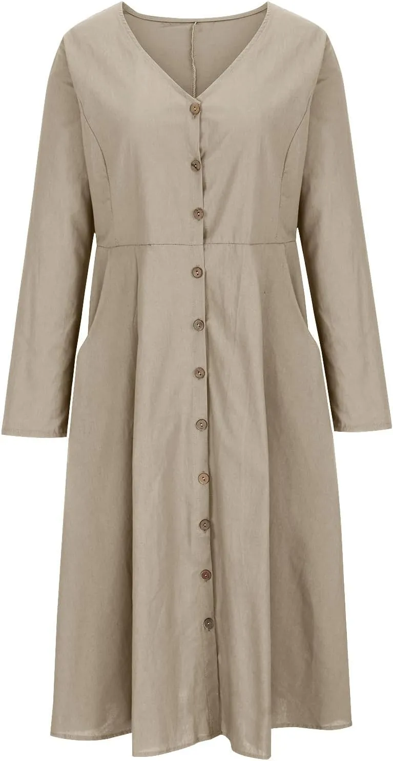 Women's Cotton Linen Dress Fall Button Down V-Neck Elegant Dress with Pocket Long Sleeve Outdoor Cardigan Maxi Dress
