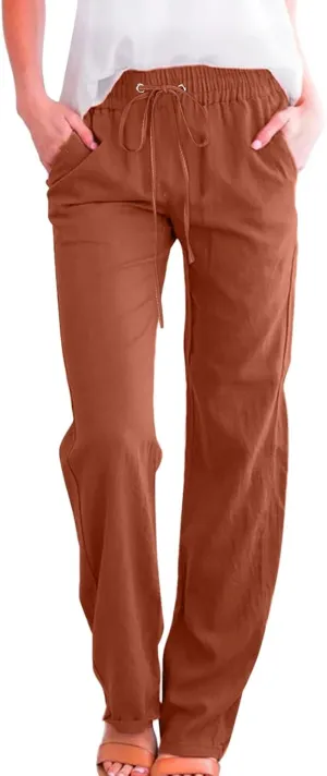 Women's Cotton Linen Summer Lightweigt Palazzo Pants Low Waist Baggy Stretchy Loose Fit Palazzo Pants Work Business