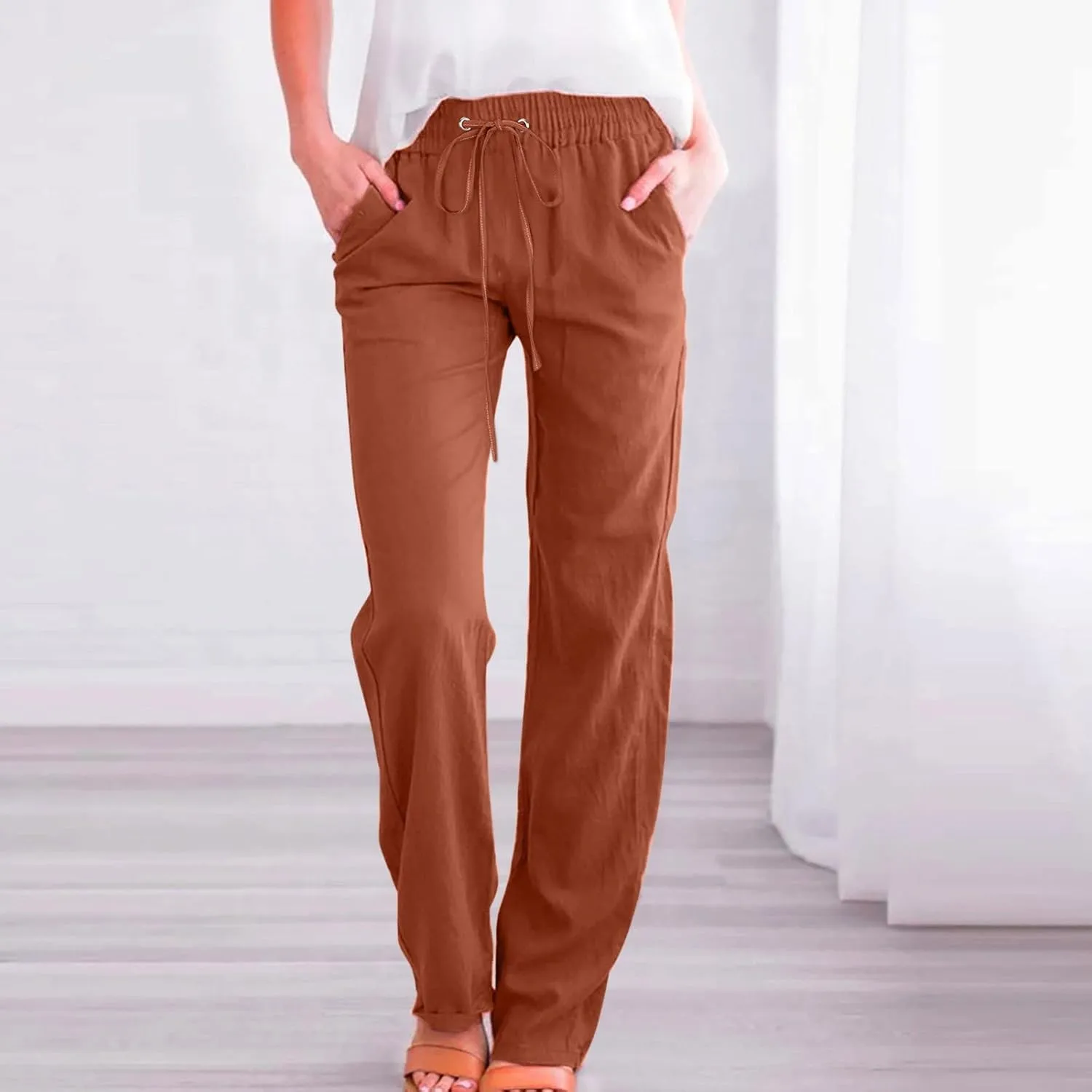 Women's Cotton Linen Summer Lightweigt Palazzo Pants Low Waist Baggy Stretchy Loose Fit Palazzo Pants Work Business