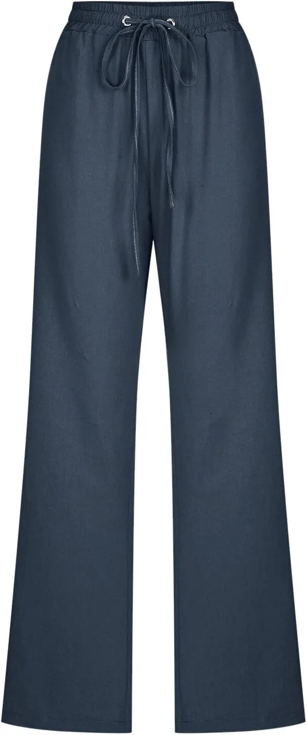 Women's Cotton Linen Summer Lightweigt Palazzo Pants Low Waist Baggy Stretchy Loose Fit Palazzo Pants Work Business