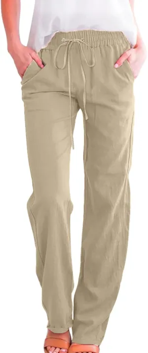 Women's Cotton Linen Summer Lightweigt Palazzo Pants Low Waist Baggy Stretchy Loose Fit Palazzo Pants Work Business