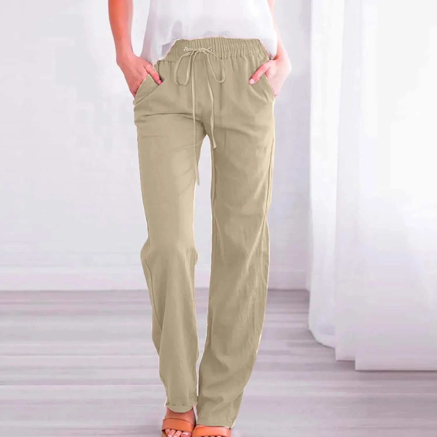Women's Cotton Linen Summer Lightweigt Palazzo Pants Low Waist Baggy Stretchy Loose Fit Palazzo Pants Work Business