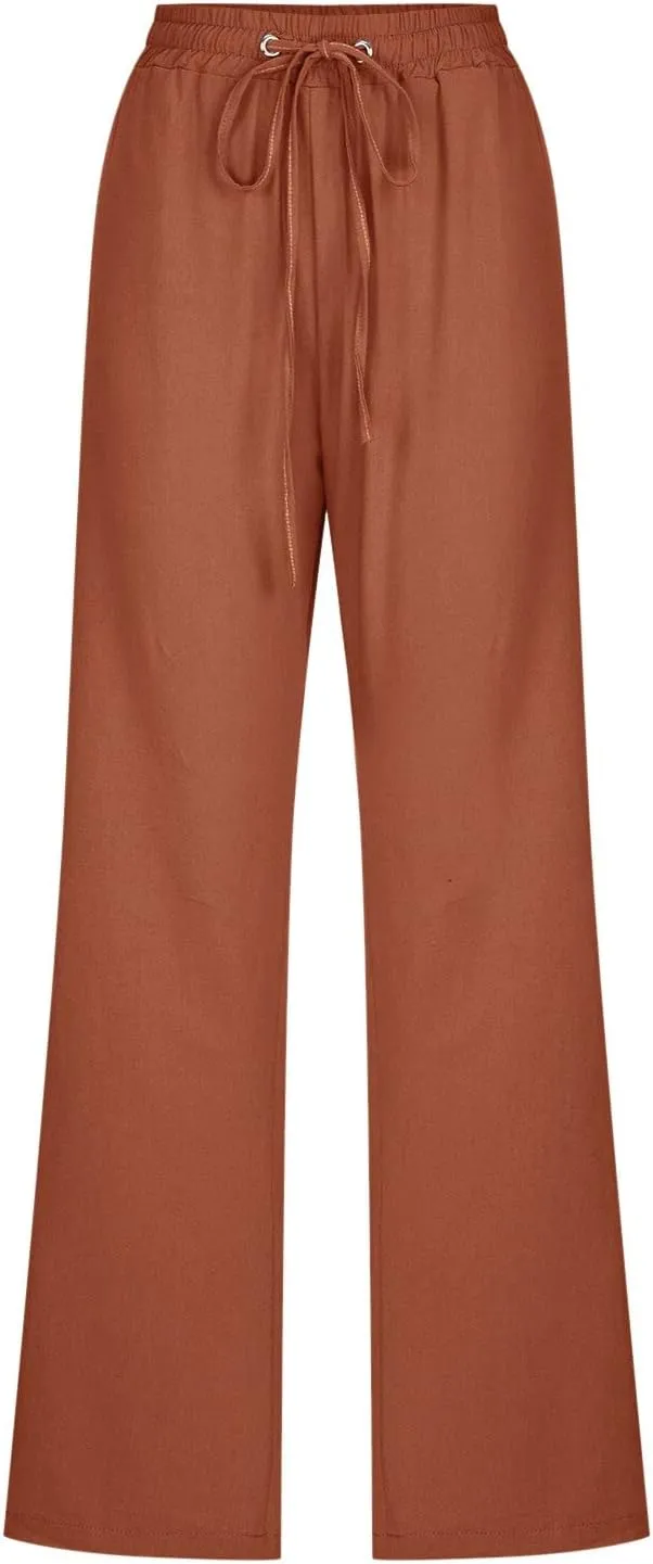 Women's Cotton Linen Summer Lightweigt Palazzo Pants Low Waist Baggy Stretchy Loose Fit Palazzo Pants Work Business