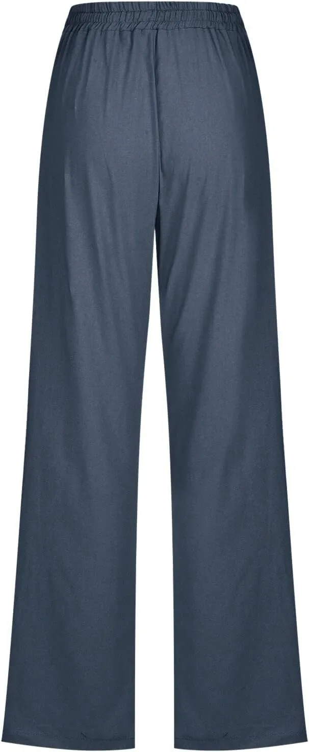 Women's Cotton Linen Summer Lightweigt Palazzo Pants Low Waist Baggy Stretchy Loose Fit Palazzo Pants Work Business