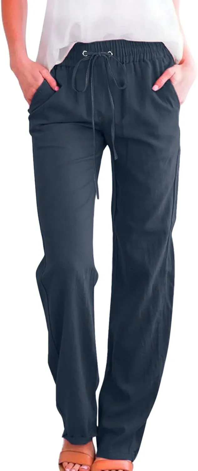 Women's Cotton Linen Summer Lightweigt Palazzo Pants Low Waist Baggy Stretchy Loose Fit Palazzo Pants Work Business