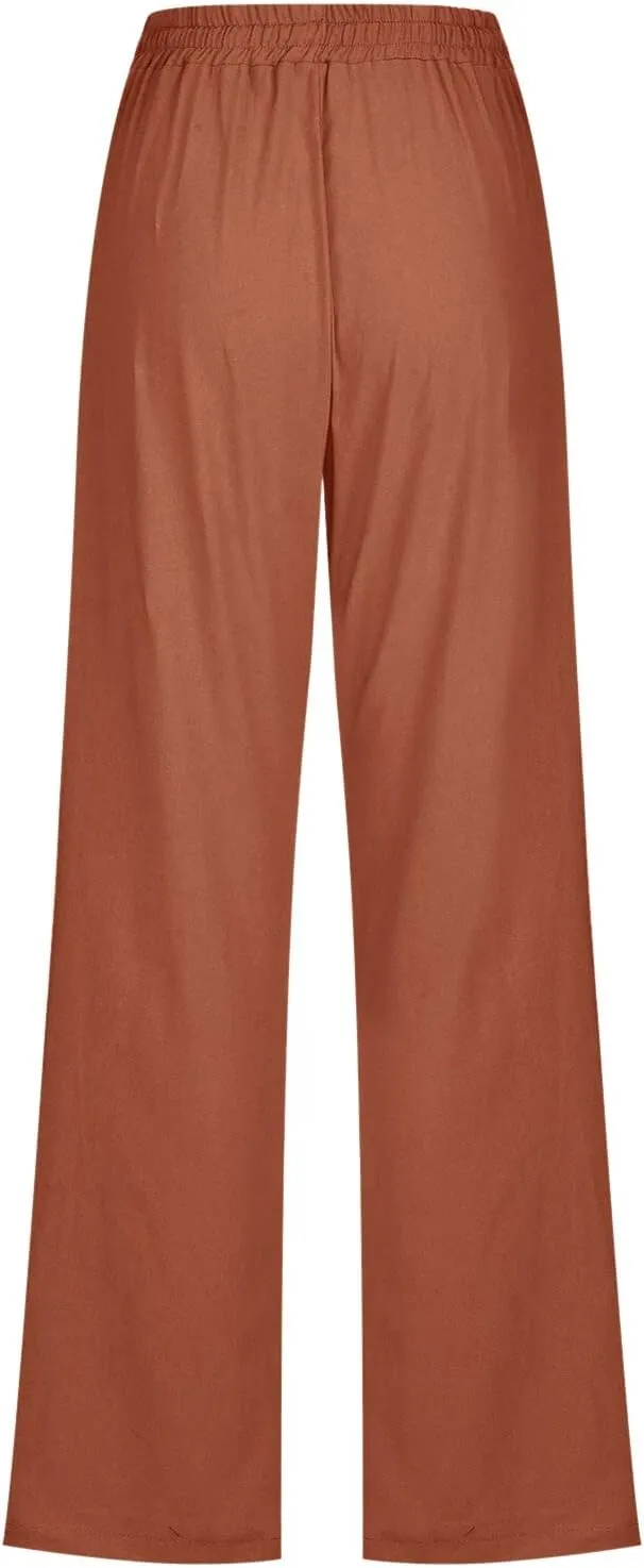Women's Cotton Linen Summer Lightweigt Palazzo Pants Low Waist Baggy Stretchy Loose Fit Palazzo Pants Work Business