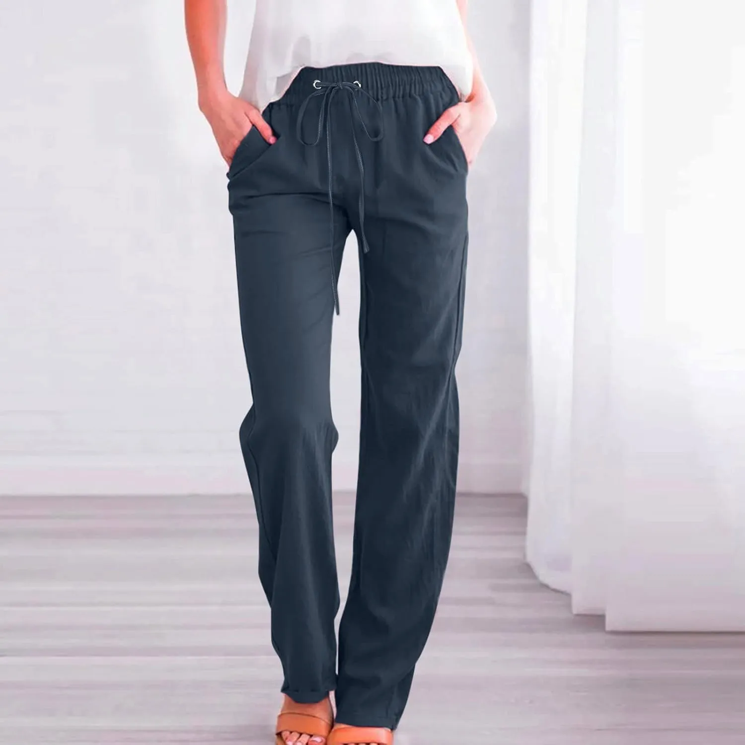 Women's Cotton Linen Summer Lightweigt Palazzo Pants Low Waist Baggy Stretchy Loose Fit Palazzo Pants Work Business