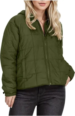 Womens Cropped Winter Coats Long Sleeve Zip Up Puffer Coat Warm Casual Lightweight Winter Jacket with Pockets