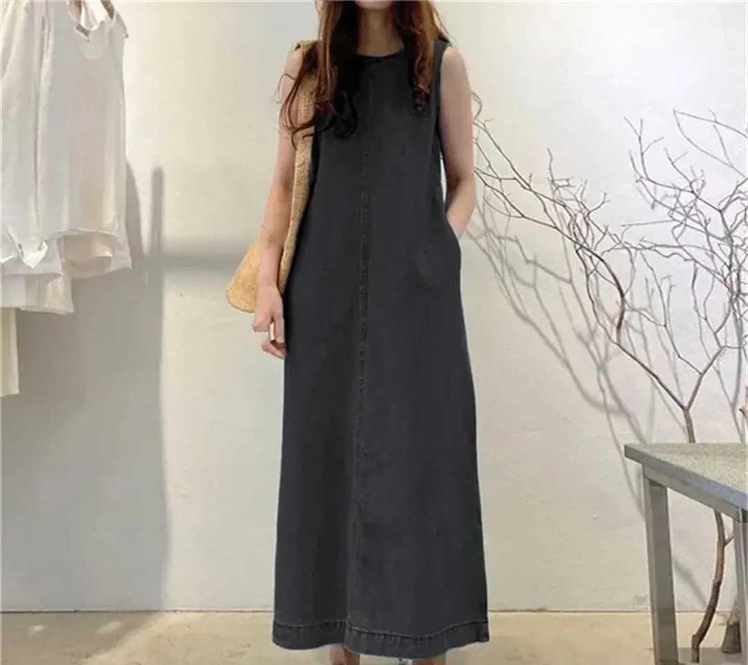 Women's Denim Dress Fashionable Long Sleeveless Round Neck