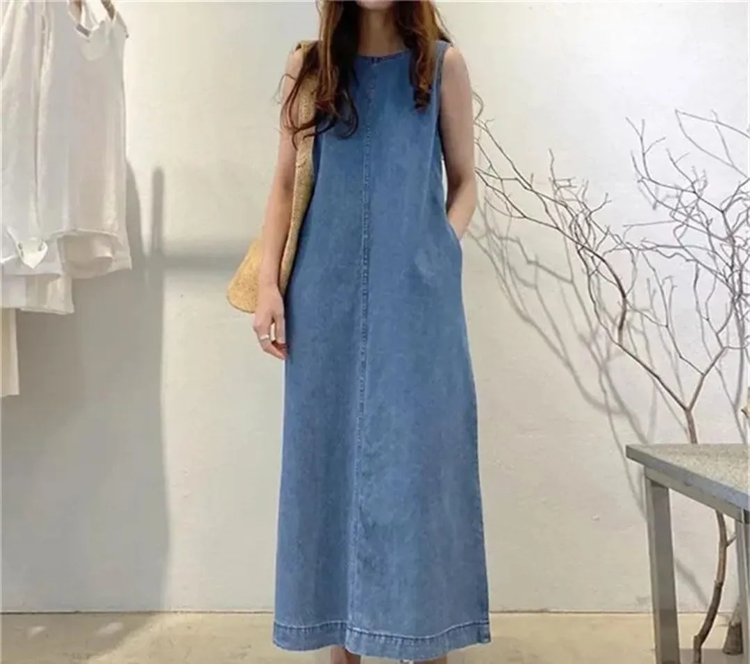 Women's Denim Dress Fashionable Long Sleeveless Round Neck