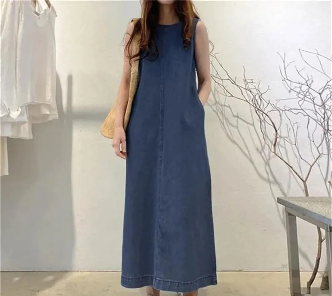 Women's Denim Dress Fashionable Long Sleeveless Round Neck