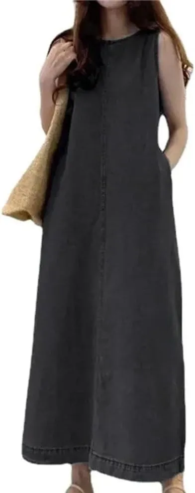 Women's Denim Dress Fashionable Long Sleeveless Round Neck