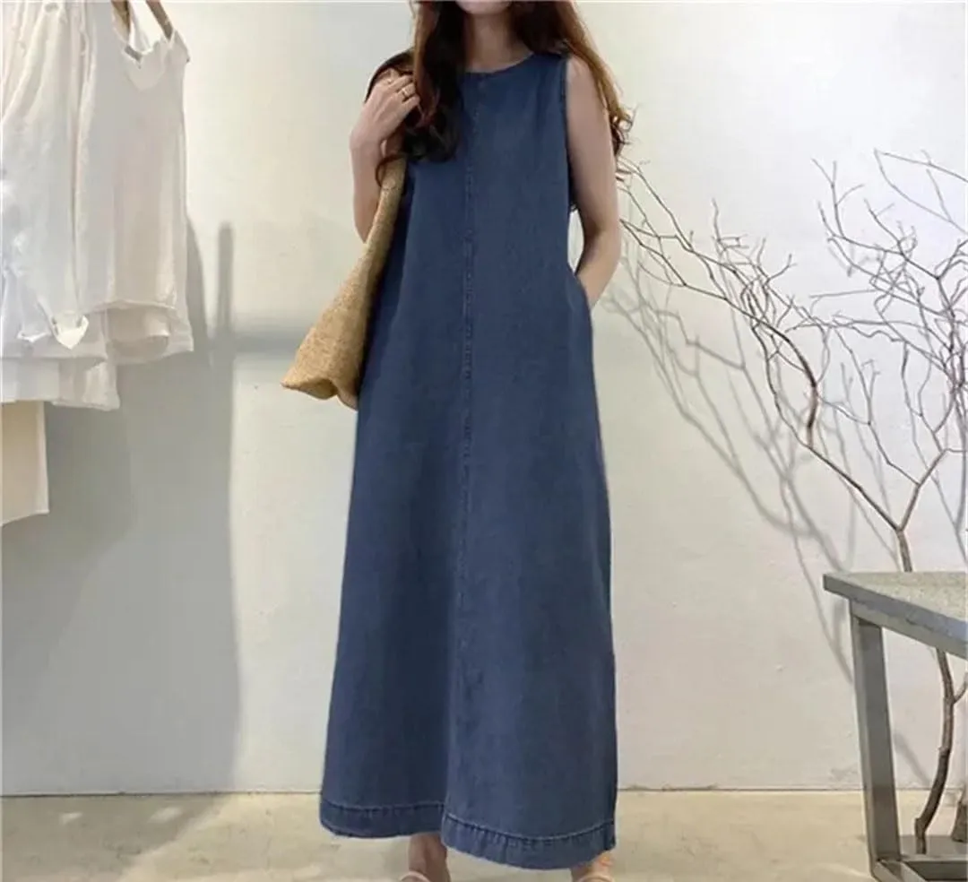 Women's Denim Dress Fashionable Long Sleeveless Round Neck