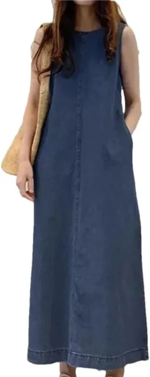 Women's Denim Dress Fashionable Long Sleeveless Round Neck