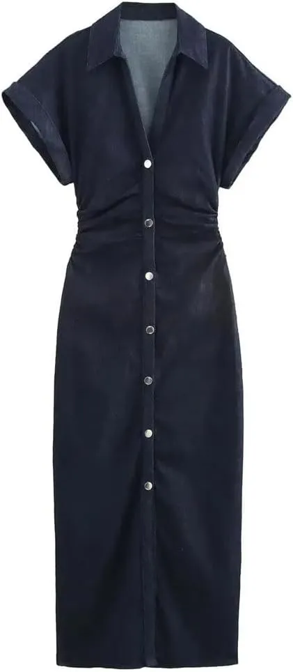 Womens Denim MIDI Dress with Lapel Side Zipper Fashion Wrinkle Waist Slim Elegant Dress