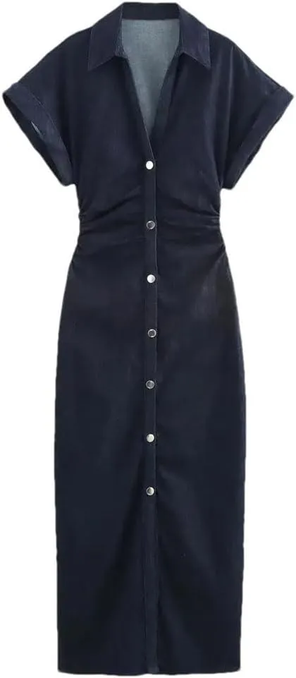 Womens Denim MIDI Dress with Lapel Side Zipper Fashion Wrinkle Waist Slim Elegant Dress
