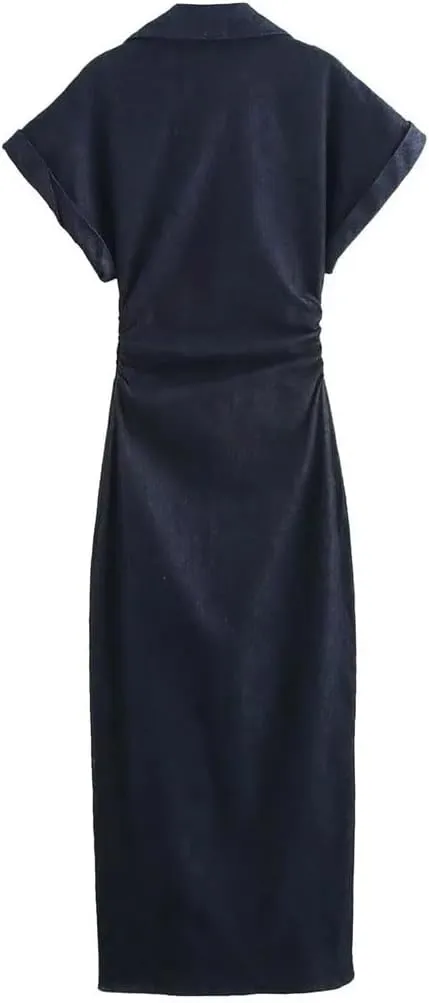 Womens Denim MIDI Dress with Lapel Side Zipper Fashion Wrinkle Waist Slim Elegant Dress