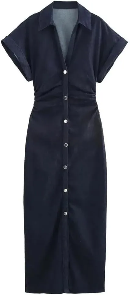 Womens Denim MIDI Dress with Lapel Side Zipper Fashion Wrinkle Waist Slim Elegant Dress