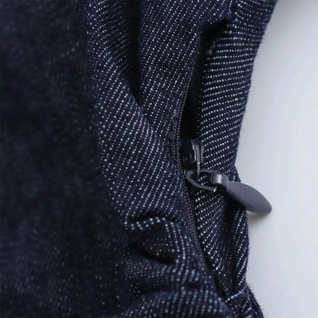 Womens Denim MIDI Dress with Lapel Side Zipper Fashion Wrinkle Waist Slim Elegant Dress