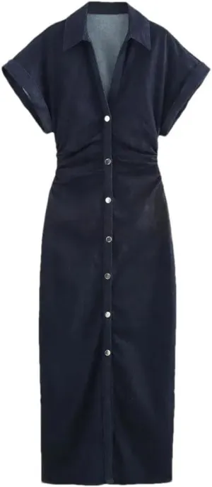 Womens Denim MIDI Dress with Lapel Side Zipper Fashion Wrinkle Waist Slim Elegant Dress