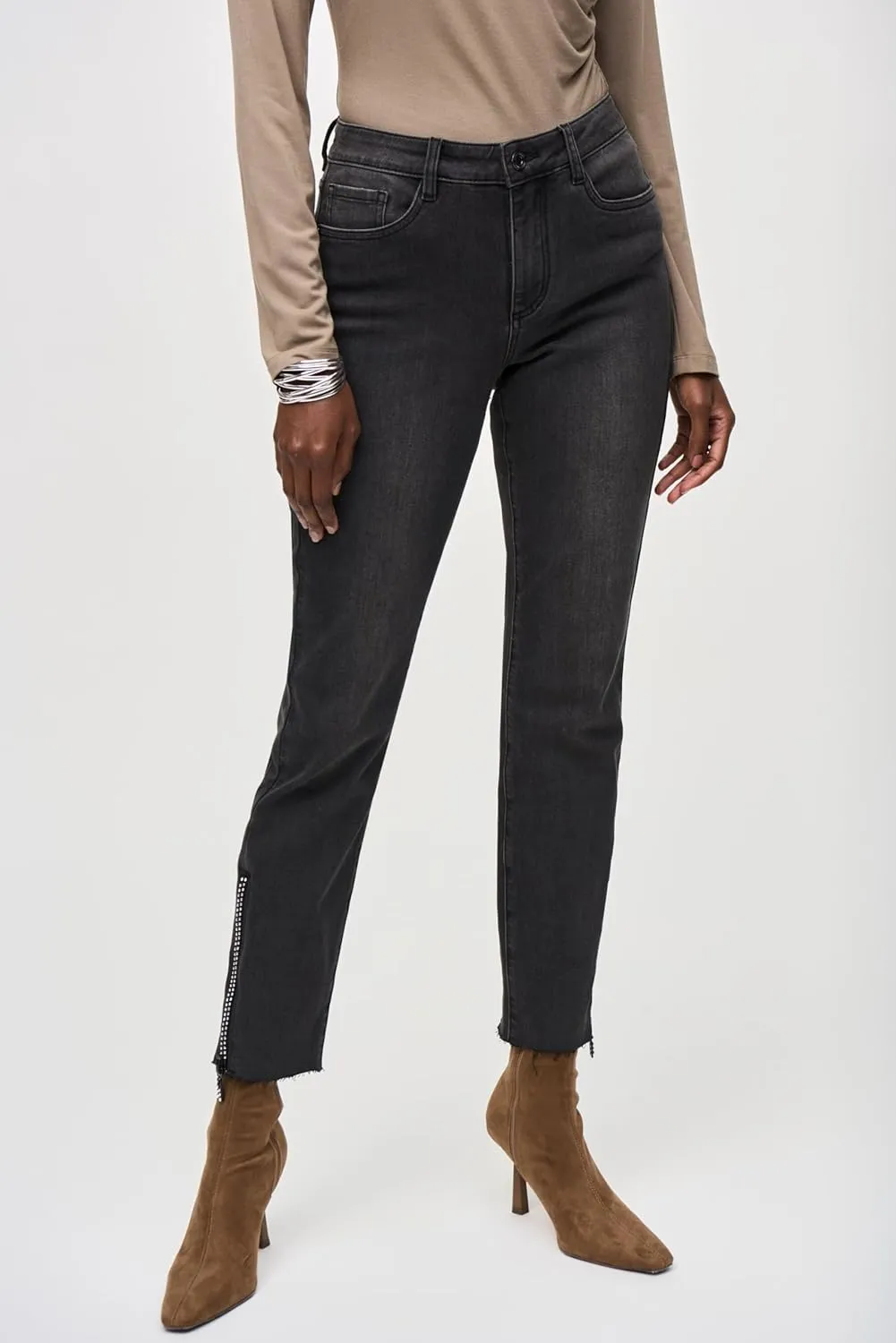 Women's Denim Pants with Rhinestones and Mesh Detail