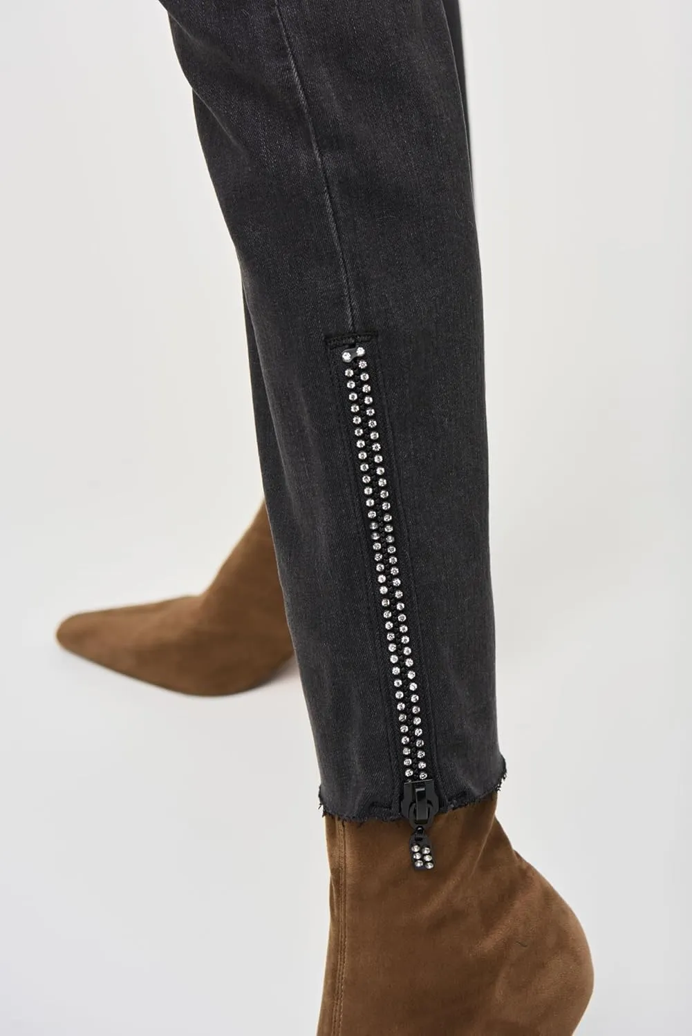 Women's Denim Pants with Rhinestones and Mesh Detail