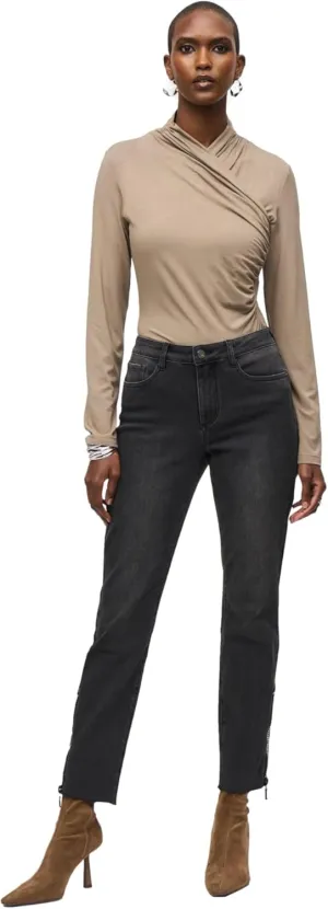 Women's Denim Pants with Rhinestones and Mesh Detail