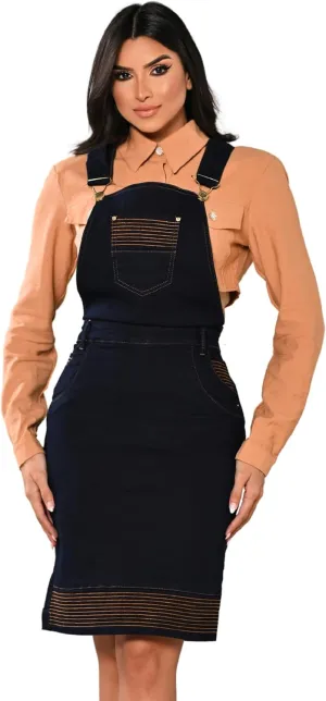 Women's Denim Pinafore Dress Skirt Overall Adjustable Strap Stretch Jean Striped Seam Details Ref.4047
