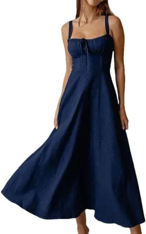 Womens Denim Slip Dress Solid Sleeveless Backless Pleat Long Dresses Female