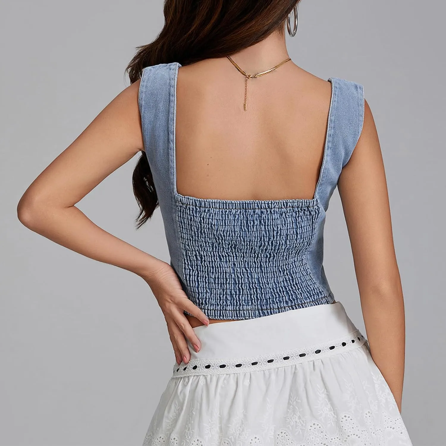 Womens Denim Vest Top Summer Sleeveless Square Neck Denim Tank Top Y2k Button Down Jean Corset Top Streetwear