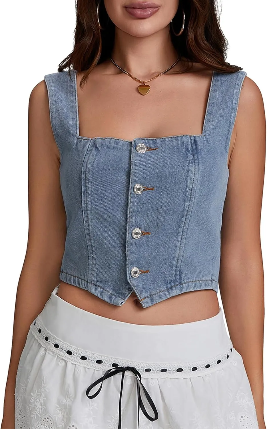Womens Denim Vest Top Summer Sleeveless Square Neck Denim Tank Top Y2k Button Down Jean Corset Top Streetwear