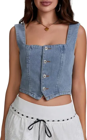 Womens Denim Vest Top Summer Sleeveless Square Neck Denim Tank Top Y2k Button Down Jean Corset Top Streetwear