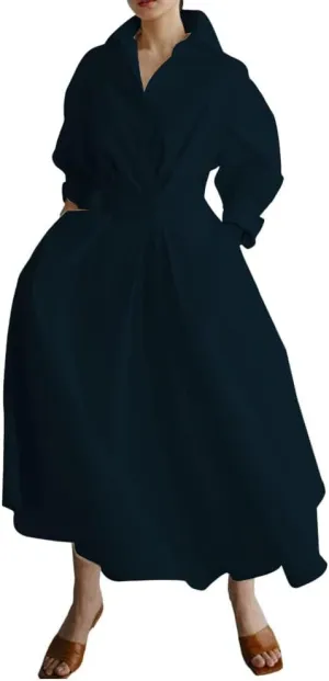 Womens Elegant High Waist Shirt Dress Cotton Linen Elastic Long Sleeve Print Loose Maxi Skirtdresses with Pockets