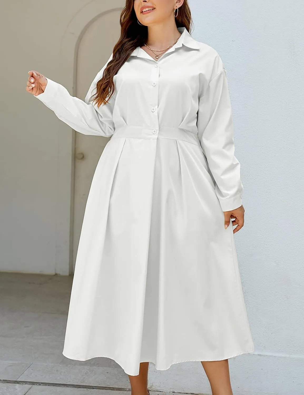 Womens Elegant High Waist Shirt Dress Cotton Linen Elastic Long Sleeve Print Loose Maxi Skirtdresses with Pockets