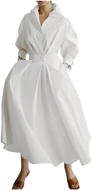 Womens Elegant High Waist Shirt Dress Cotton Linen Elastic Long Sleeve Print Loose Maxi Skirtdresses with Pockets