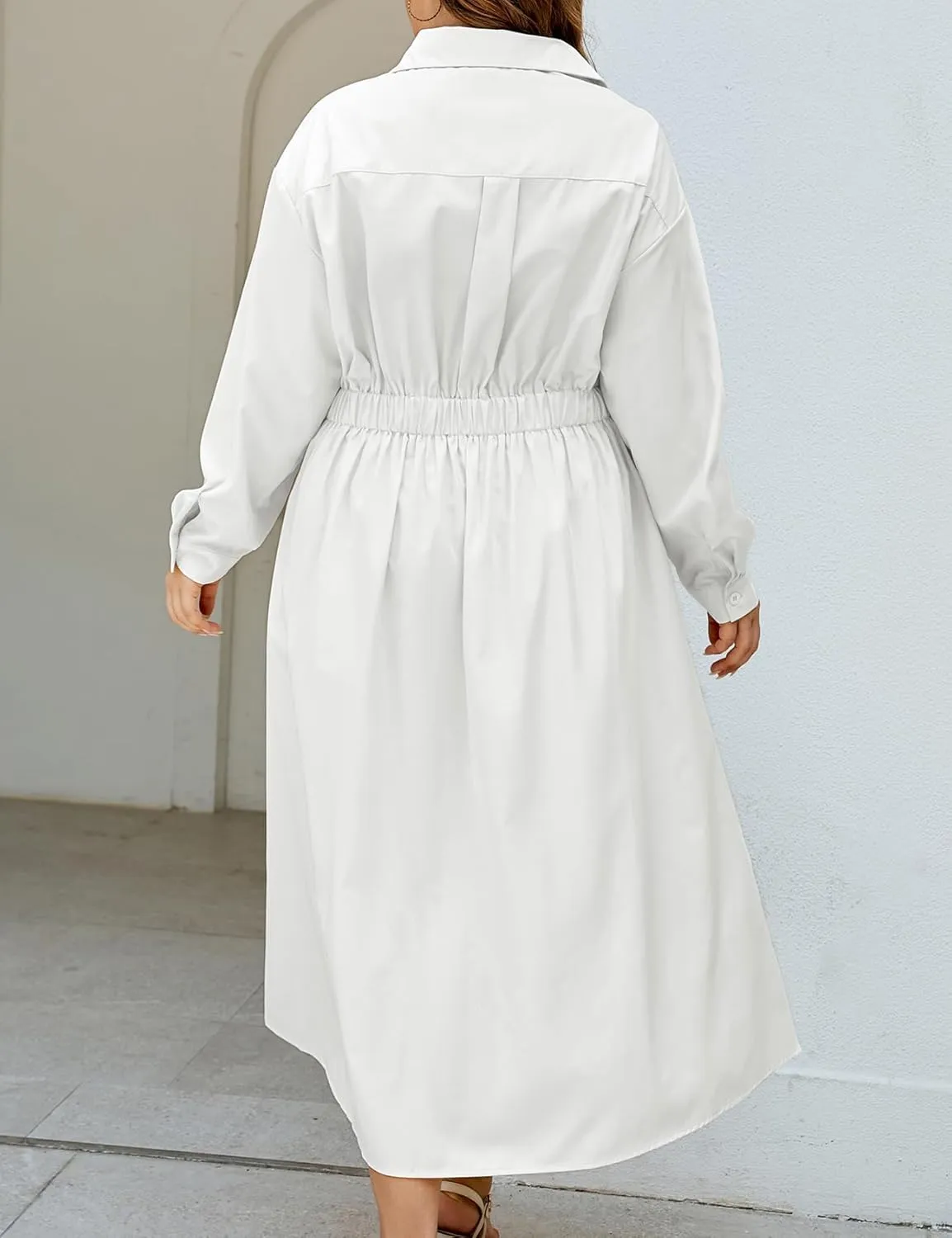 Womens Elegant High Waist Shirt Dress Cotton Linen Elastic Long Sleeve Print Loose Maxi Skirtdresses with Pockets
