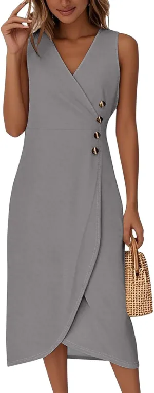Women's Elegant Sleeveless Wrap Midi Casual Summer Dress with Button Detail for Parties,Work and Daily Wear