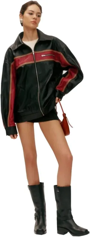 Women’s Fashion 90'S Ultra Vintage Oversized Stripe Biker Rider Moto Genuine Leather Bomber Jacket
